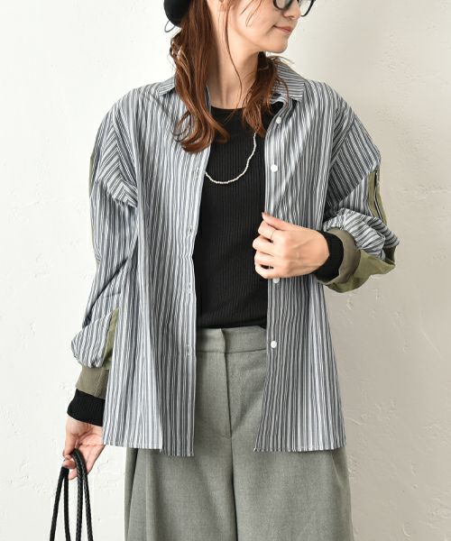 HUMS｜ストライプ×無地切替シャツ [[69165041]][C]