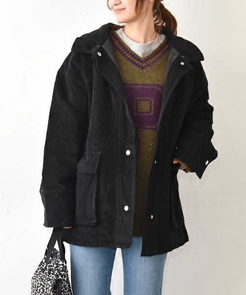IN THE MARKET｜コーデュロイ 衿ファー薄中綿入りミドルカバーオール [[HUG-7183F613]][C]