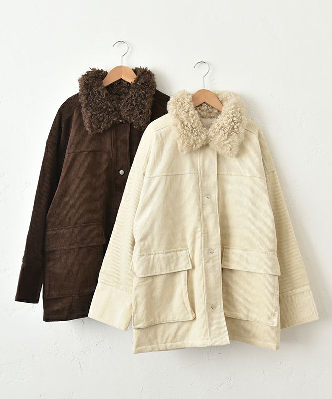  IN THE MARKET｜コーデュロイ 衿ファー薄中綿入りミドルカバーオール [[HUG-7183F613]][C]
